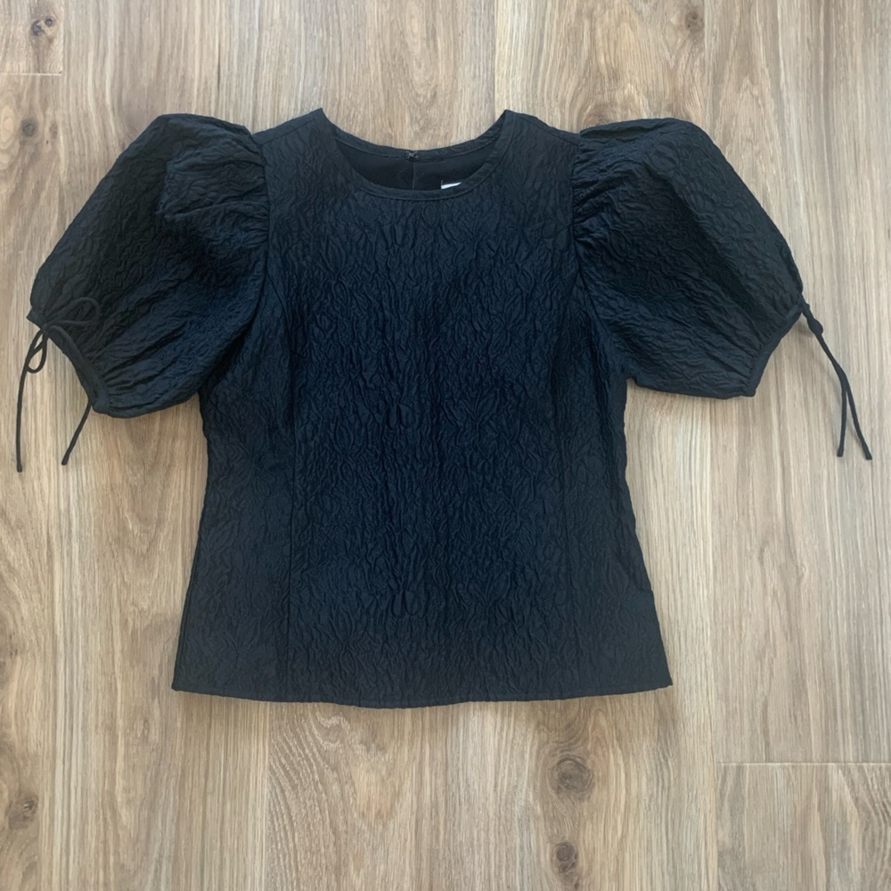 J. Crew Collection Top Women's XS Black Crepe Short Puff Sleeve Crop Open Back